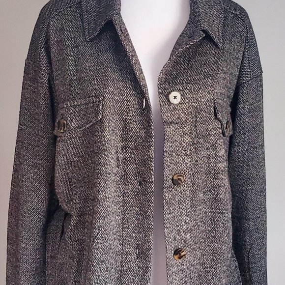 Tweed Style Fall Jacket Button Down Belted Heathered Grey Knit Pockets Cuffs - Picture 10 of 11